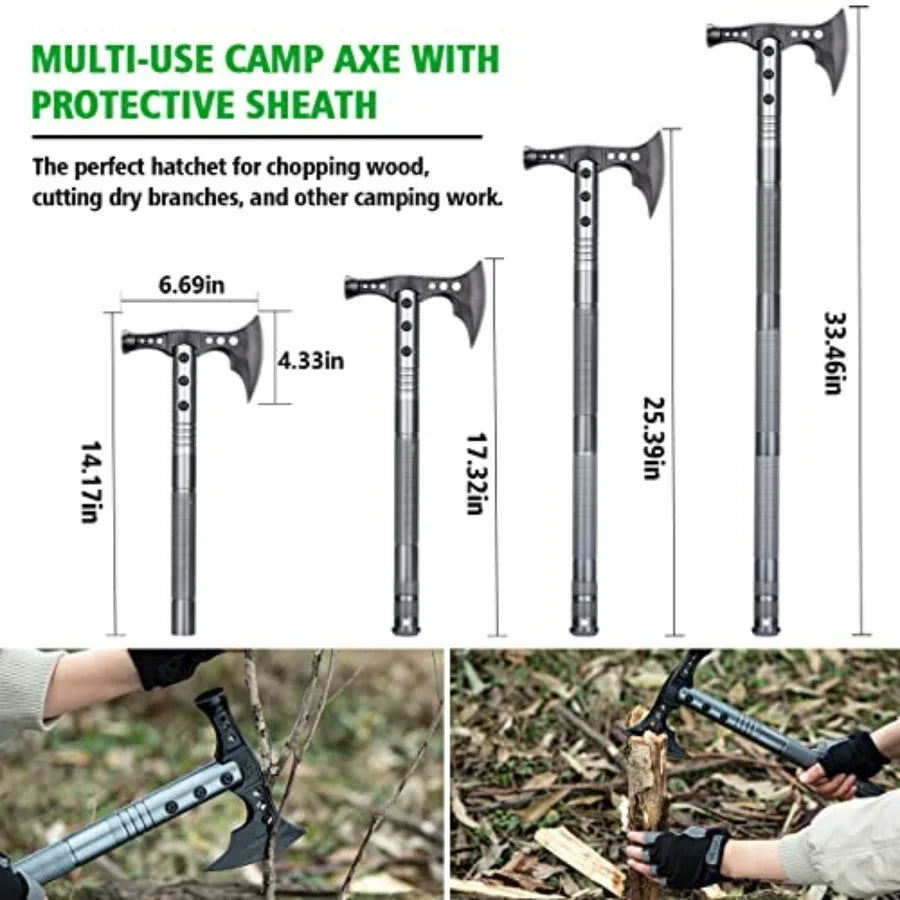 Multifunctional Folding Tactical Shovel Hatchet Combo with Axe Flashlight and Extension Handles in Black for Camping Cycling Hi