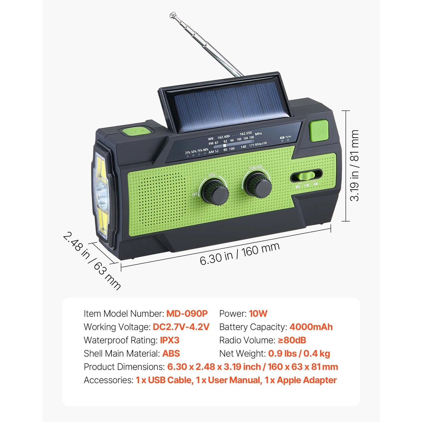 SucceBuy Emergency Weather Radio FM/AM/WB/NOAA Alert Solar Hand Crank Emergency Radio w/ USB Charging Cable SOS Alarm Flashlight