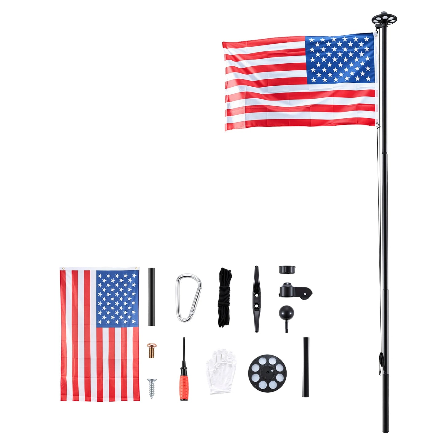 SucceBuy 20ft/25ft Flag Pole with 136 LED Solar Light for Outside House In Ground with 3x5 American Flag for Residential Black