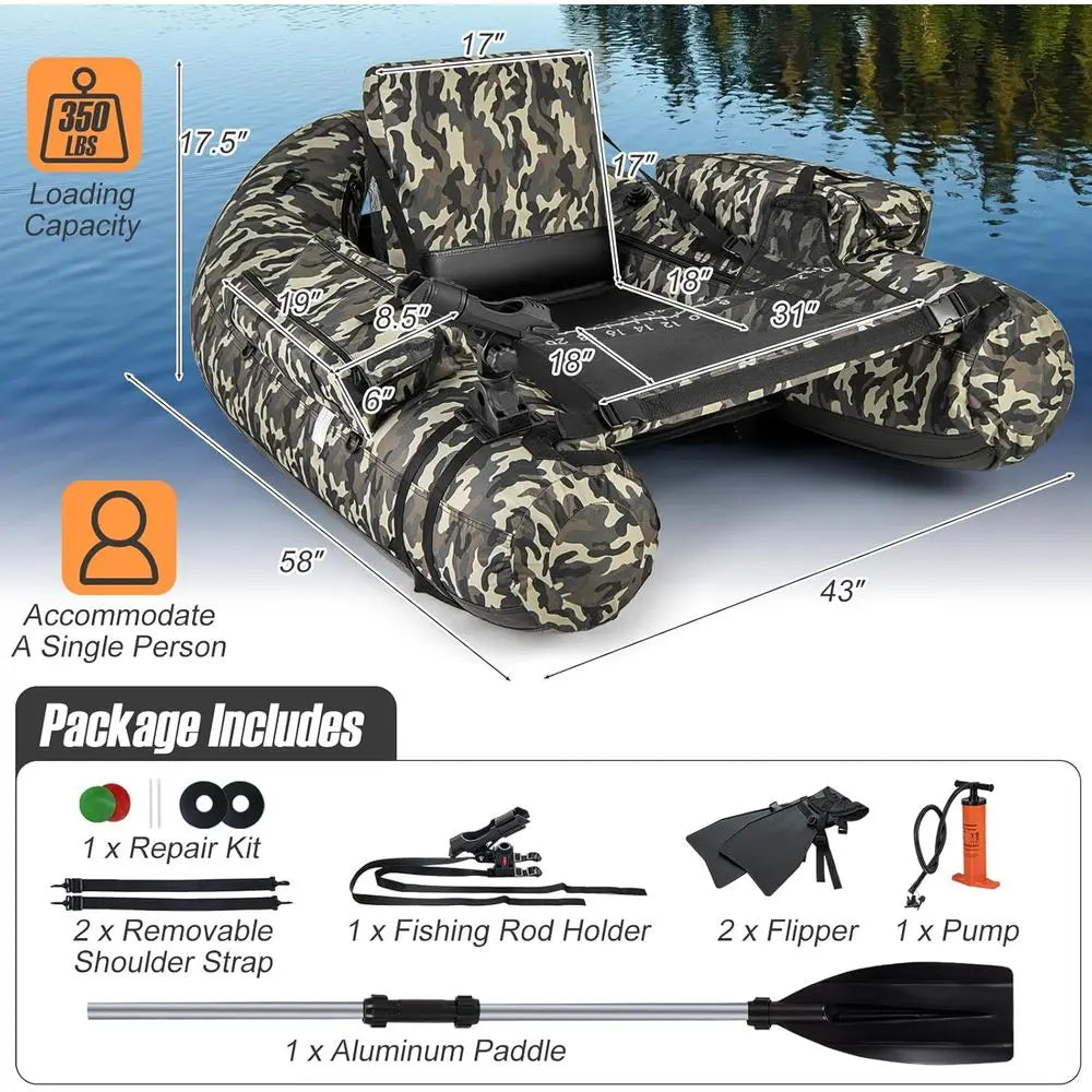 Inflatable Belly Boat with Fish Ruler, Fishing Rod Holder, Pump, Storage Bag, Flippers & Adjustable Straps, Portable Backpack Fl