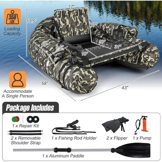 Inflatable Belly Boat with Fish Ruler, Fishing Rod Holder, Pump, Storage Bag, Flippers & Adjustable Straps, Portable Backpack Fl