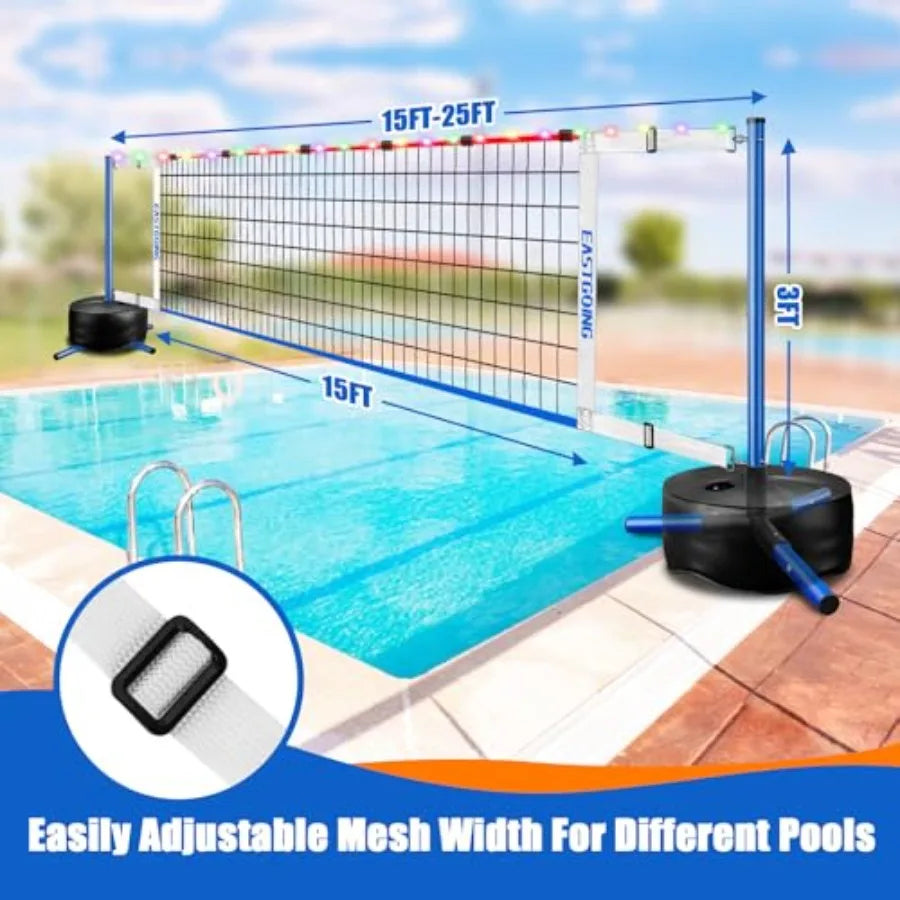 Pool Volleyball Net Set with LightAdjustable Length 15-25FT Swimming Pool Volleyball Net System with 2 Water Volleyballs and He