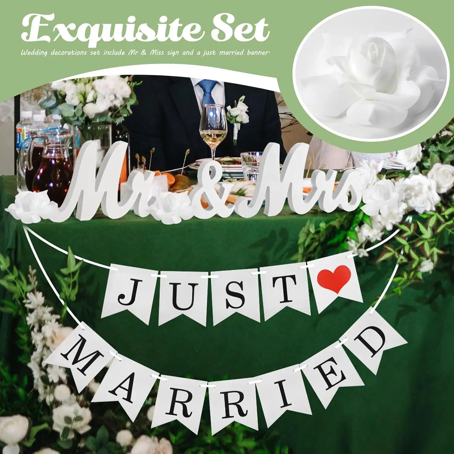 Mr and Mrs Sign for Wedding Party Table, Wedding Decorations for Reception (White with Banner) (White)