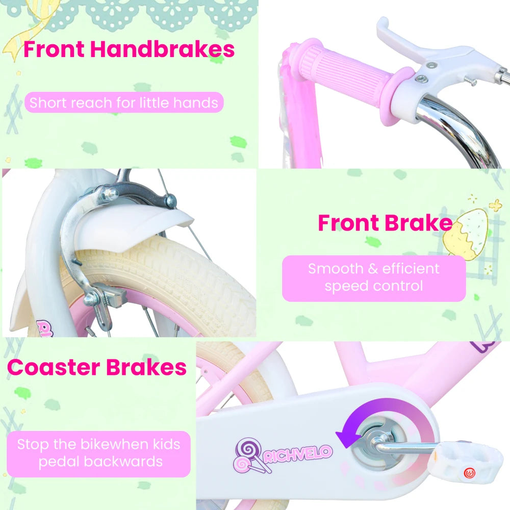 Ye A1202 Kids Bike for Girls 12/14/16 Inch, with Training Wheels, Adjustable Seat, Front Basket, Doll Seat & Colorful Streamers, Toddler Bicycle for 2 - 7 Years Old, Pink Birthday Gift
