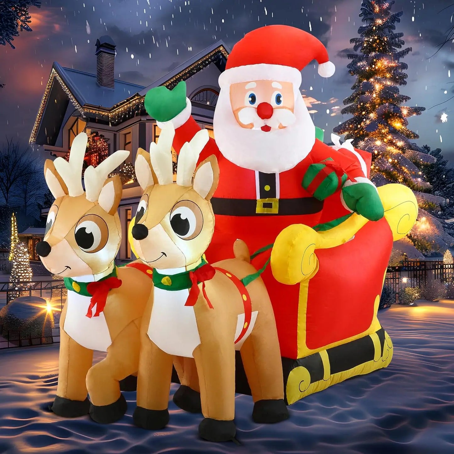 JOYFY 6 FT Long Christmas Santa on Sleigh with 2 Reindeer Inflatable Christmas with Build-in LED for Xmas Party Lawn Decorations
