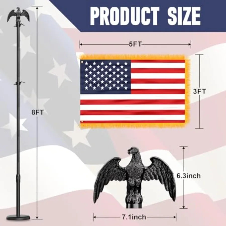 Indoor Flag Pole and Stand, 8Feet Flagpole Kit with Base Eagle Topper 3x5 Feet American Flag, Heavy Duty Indoor Flag Pole for C
