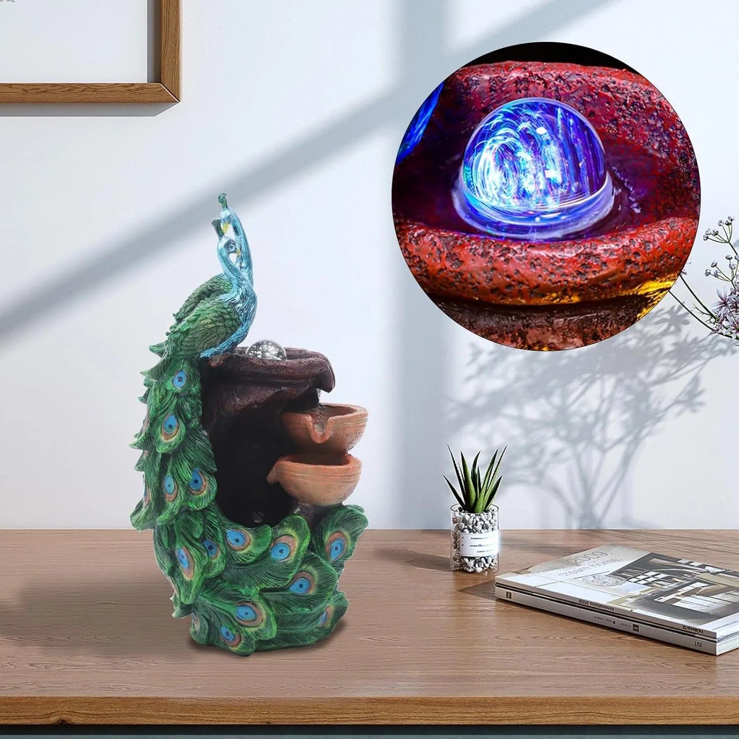 Peacock Tabletop Fountain, 21" Animal Statue Bonsai Waterfall Elegant with LED Crystal Ball for Meditation, Good Luck, Fortune