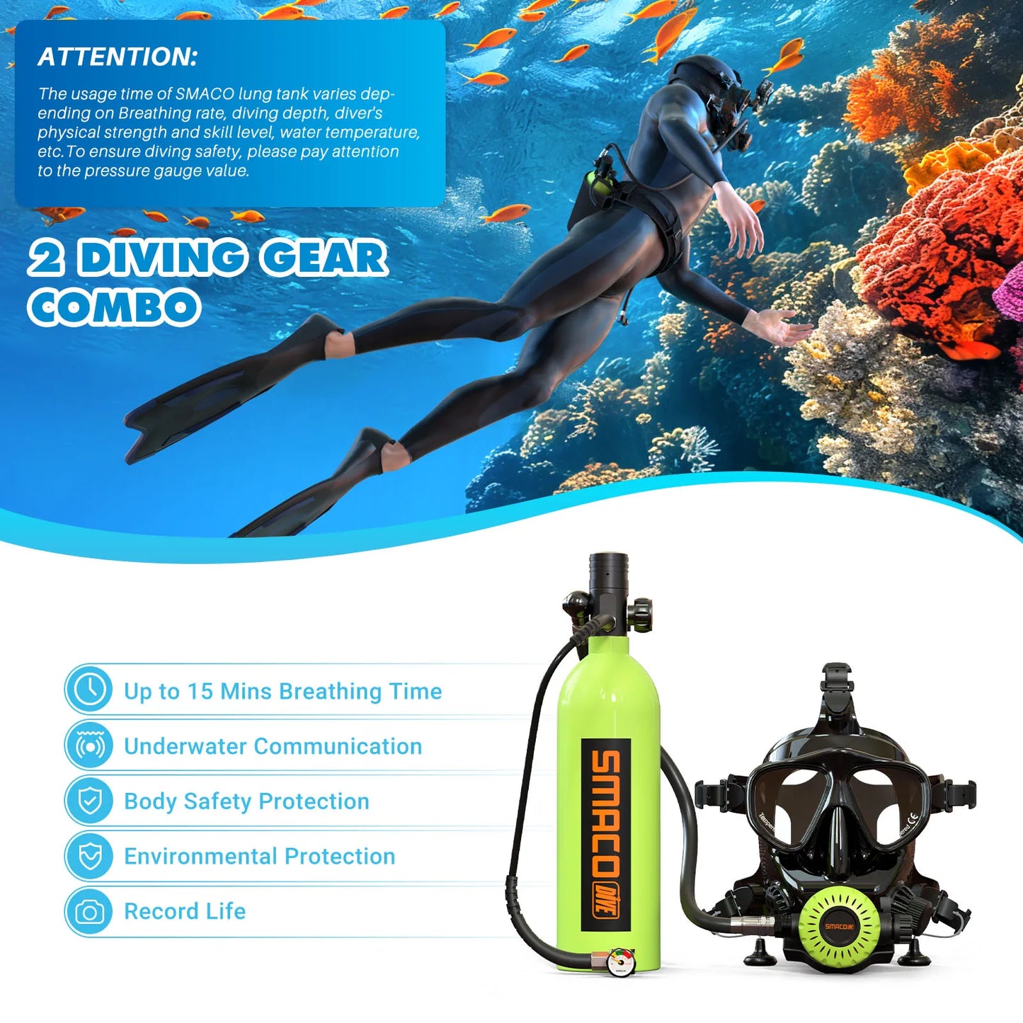 SMACO S400Pro Scuba Diving Equipment with Diving Mask Oxygen Tank Cylinder Underwater Breathing Device Portable Mini Scuba Tank
