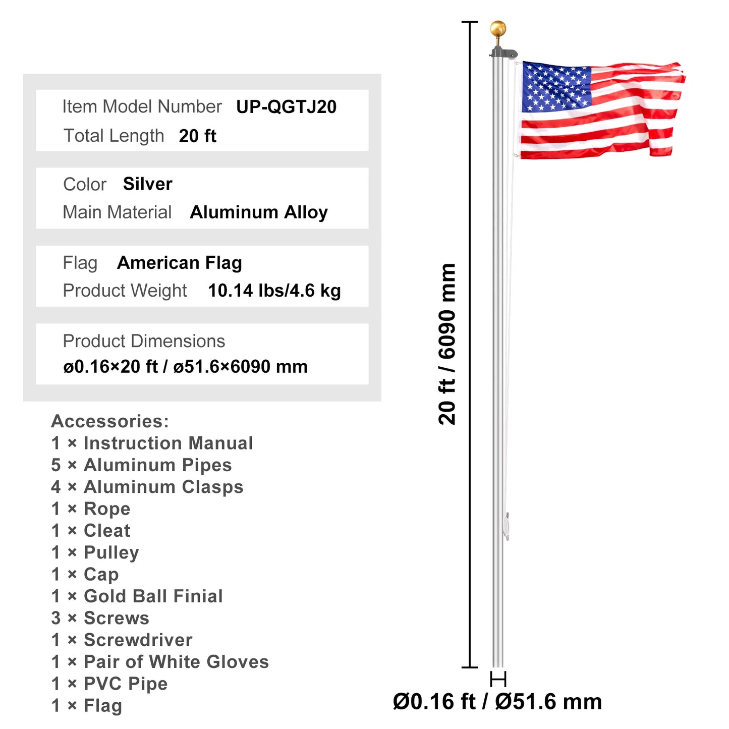 SucceBuy Sectional Flag pole Kit HeavyDuty AluminumAlloy in Ground 3 Display Modes Flagpole With American Flag Accessories