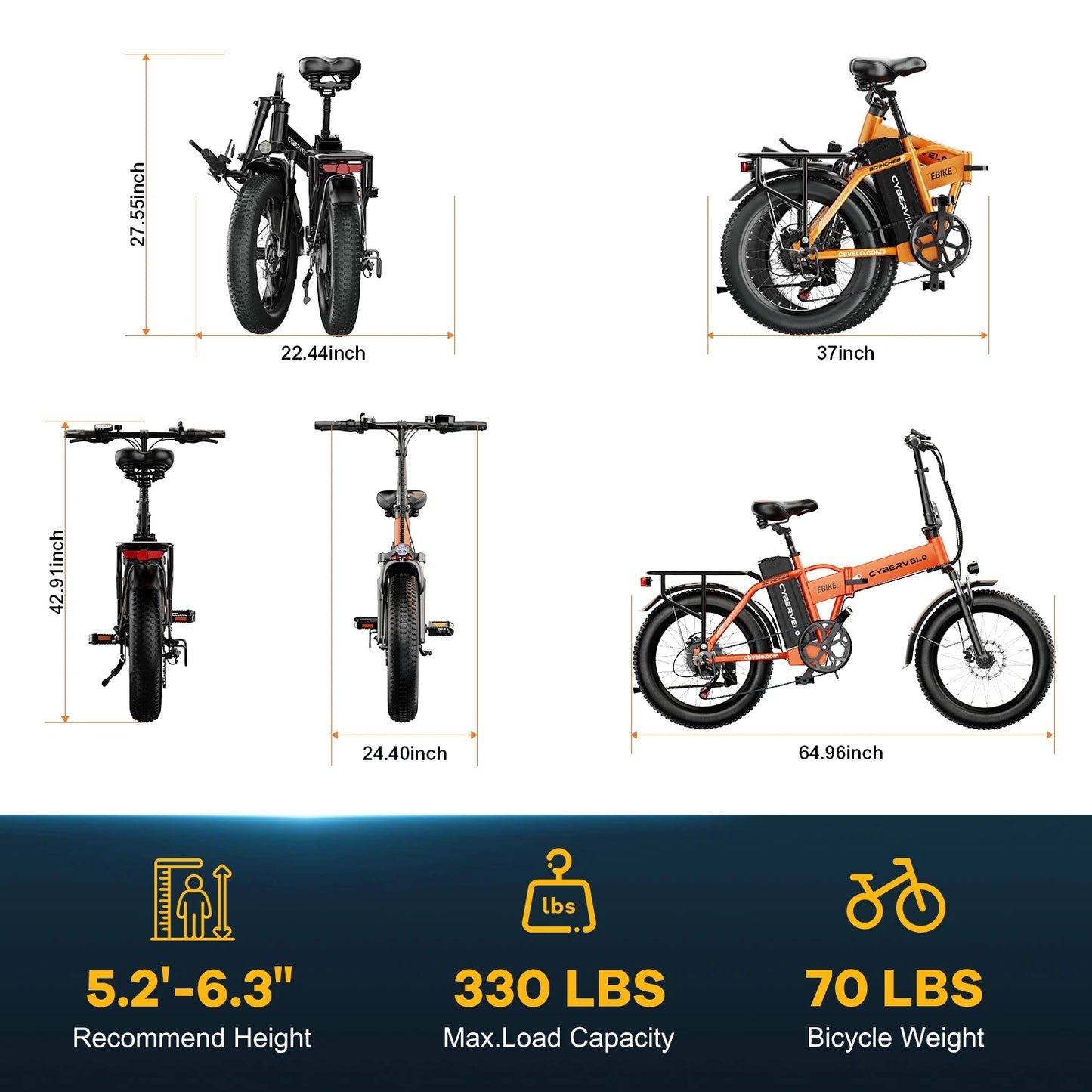 1000W Electric Bike for Adults Cybervelo EK4 Folding 48V 20Ah 30+MPH 80Miles 20" Fat Tire 7-Speed Off Road E-bike