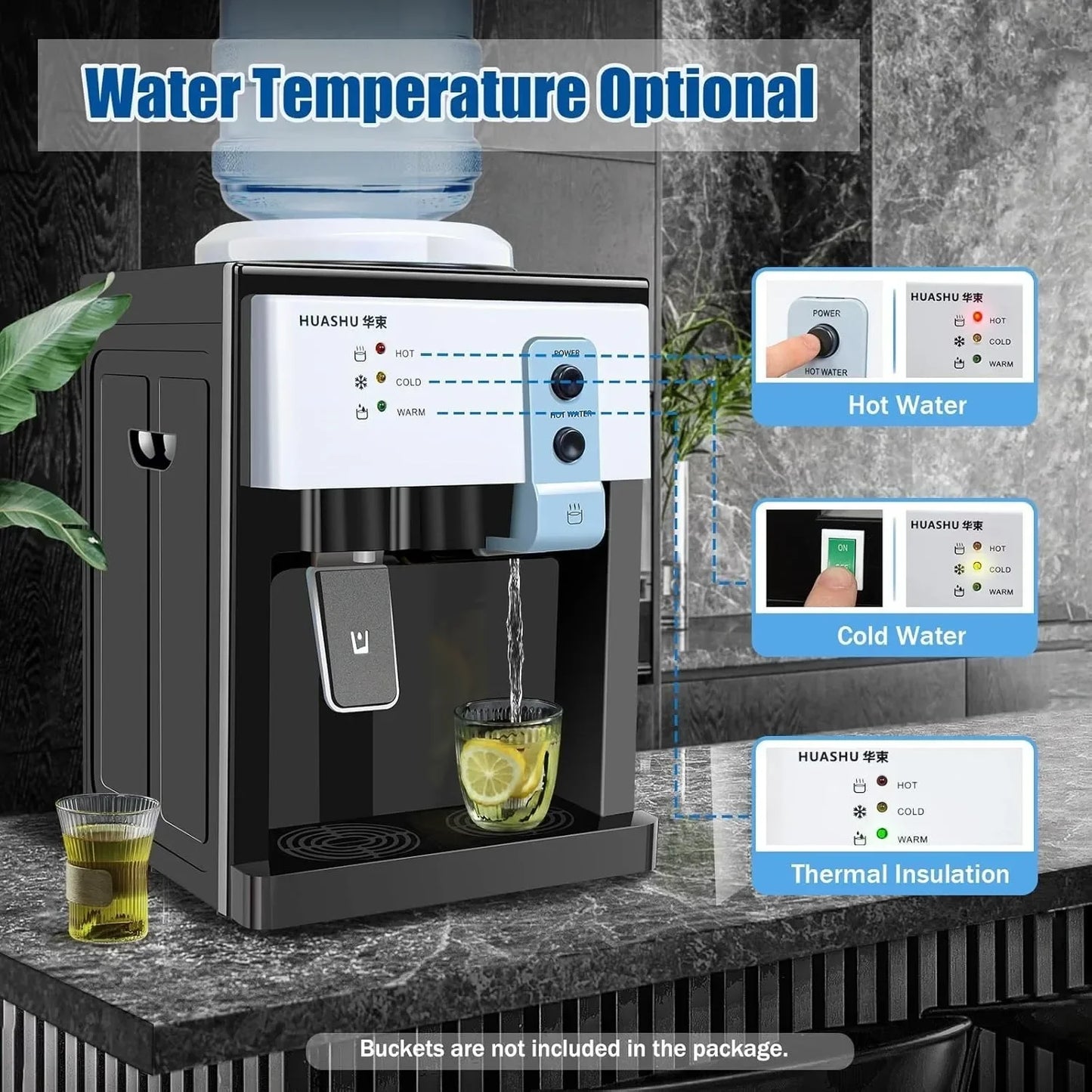 Top Loading Countertop Water Dispenser - 3 Temperature Settings, Fits 1-5 Gallon Bottles /Hot/Cold - 110V 550W (White)
