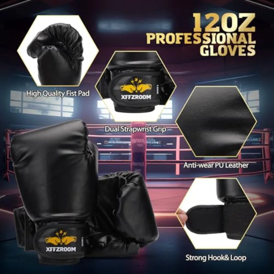 Punching Bag for Adults 4ft PU Leather Black 6 in 1 Heavy Boxing Bag Set with 12oz Gloves Hand Wraps Hanging Kit for MMA Karate