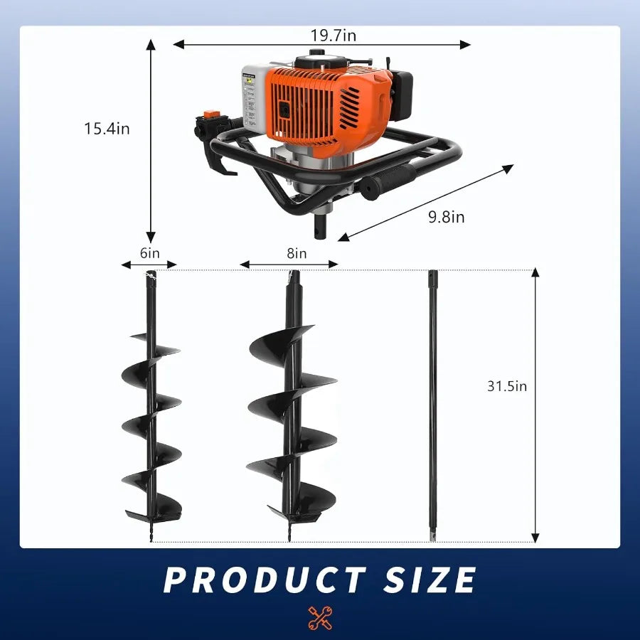 62cc 2-Stroke Gas Powered Auger Post Hole Digger with 2 Extension Rods 68 Auger Bits for Fencing Gardening Construction Heavy D