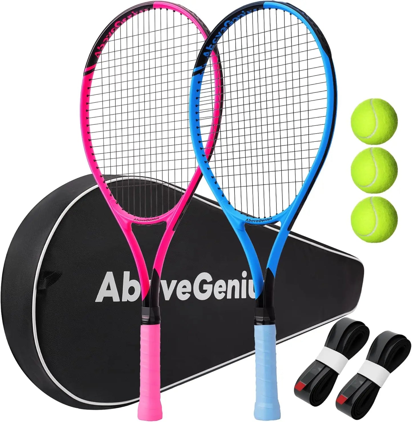 Neon Tennis Rackets 2 Pack for Adults - Lightweight Aluminum Set with Balls & Bag, High-Visibility Finish for Beginners