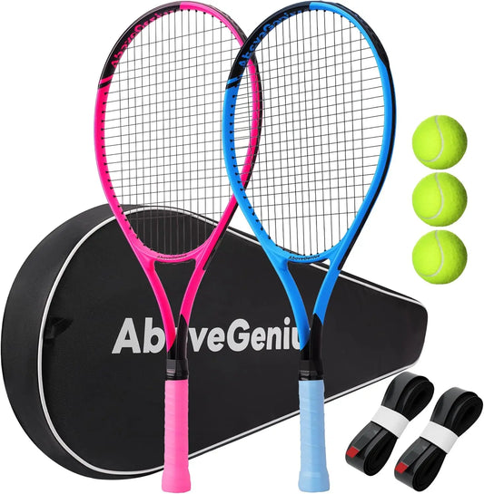 Neon Tennis Rackets 2 Pack for Adults - Lightweight Aluminum Set with Balls & Bag, High-Visibility Finish for Beginners