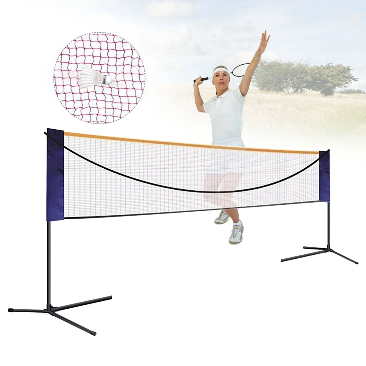 6.1M Foldable Adjustable Badminton Net Set with Steel Stand, Multi-Sport Portable Volleyball Tennis Net Post, Indoor Outdoor Competition Shuttlecock Rack with Carry Bag