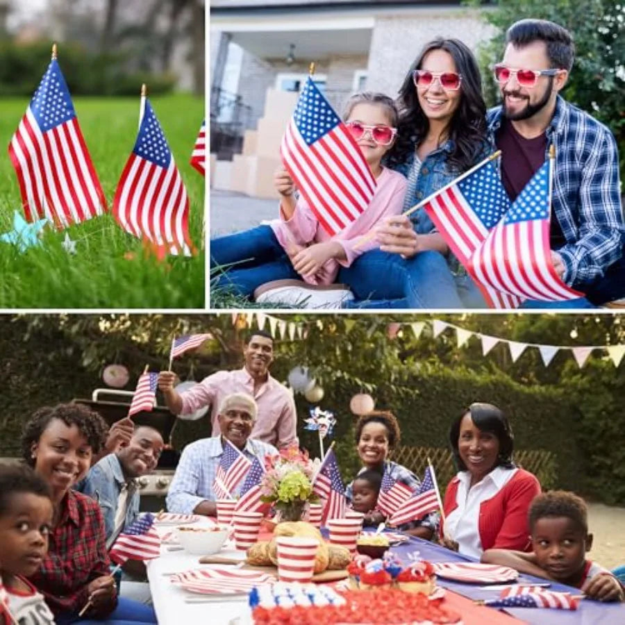 150 Pack Small American Flags on Stick, 8x12 Inch Mini US Hand Held Wooden Stick Flags with Spear Top, 4th of July Independence