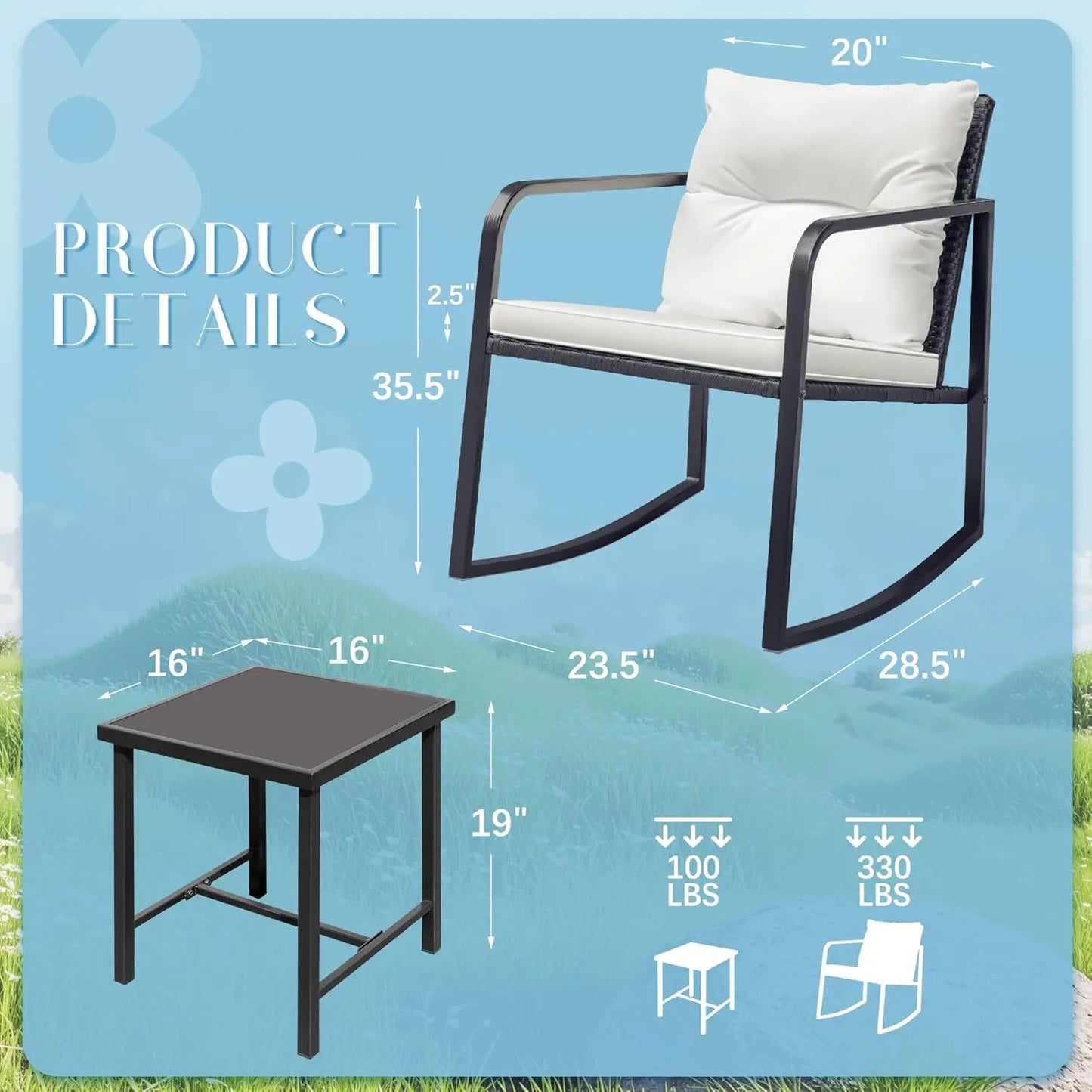 Patio Chairs 3 Piece Wicker Rocking Chair Outdoor Bistro Sets with Coffee Table and Cushions Metal Frame Patio, Customized