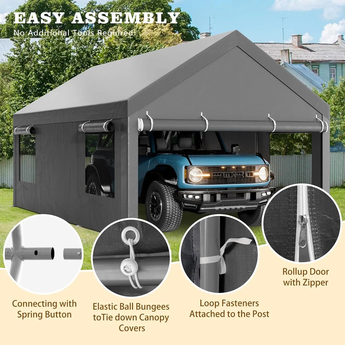 12x20 Ft Heavy Duty Carport Canopy Portable Garage with Roll-up Windows Removable Sidewalls & Doors Customizable Carport