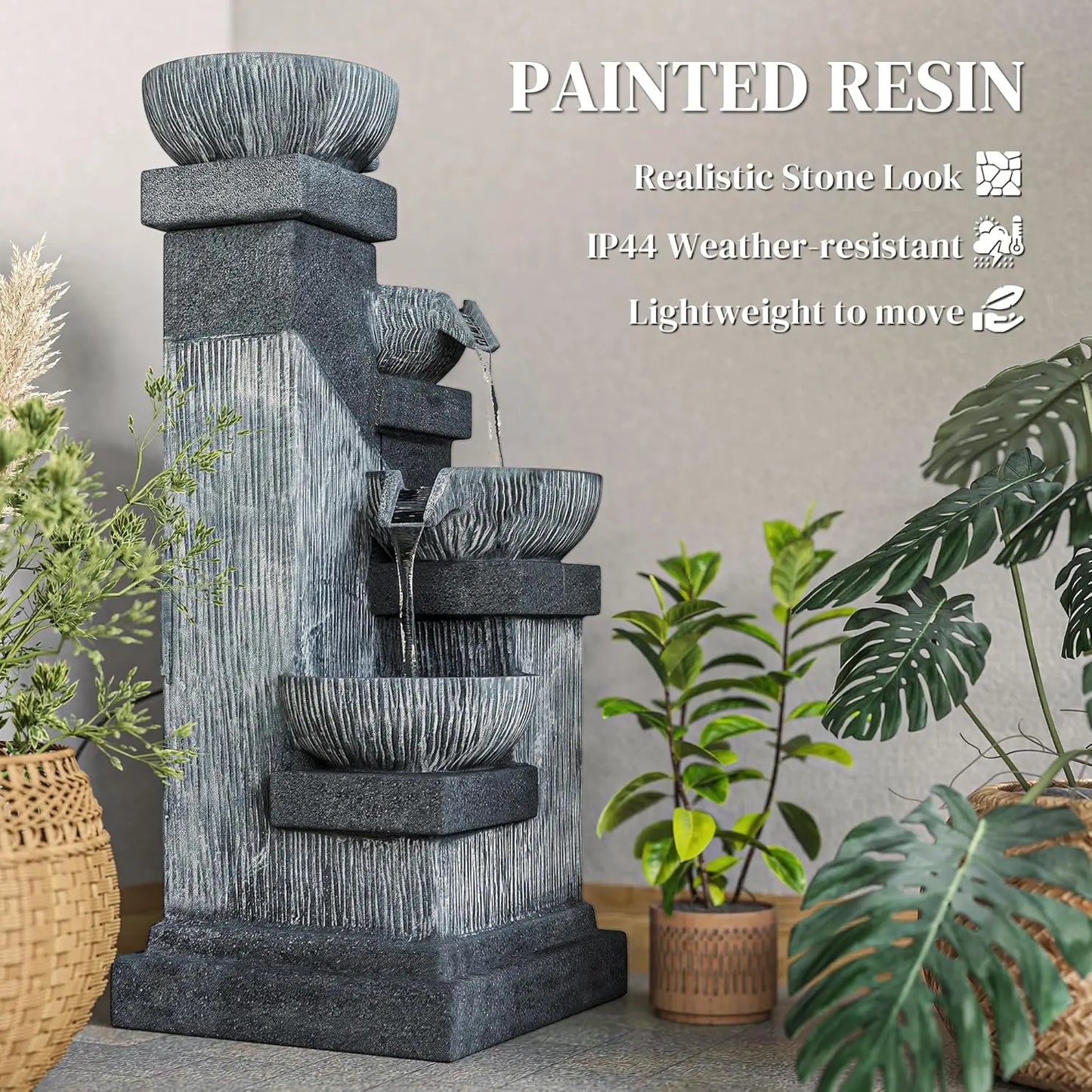 33.5" Tall Outdoor Water Fountain with LED Lights, 4-Tier Cascading Bowls for Garden Patio Backyard