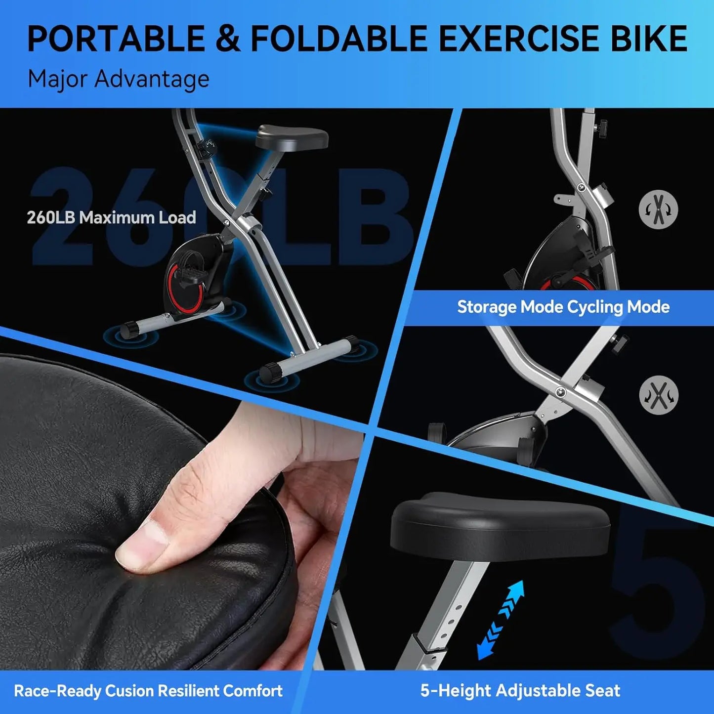 Foldable Indoor Exercise Bike for Small Spaces, 16-Level Magnetic Resistance, 260LBS Capacity, Portable Home Workout