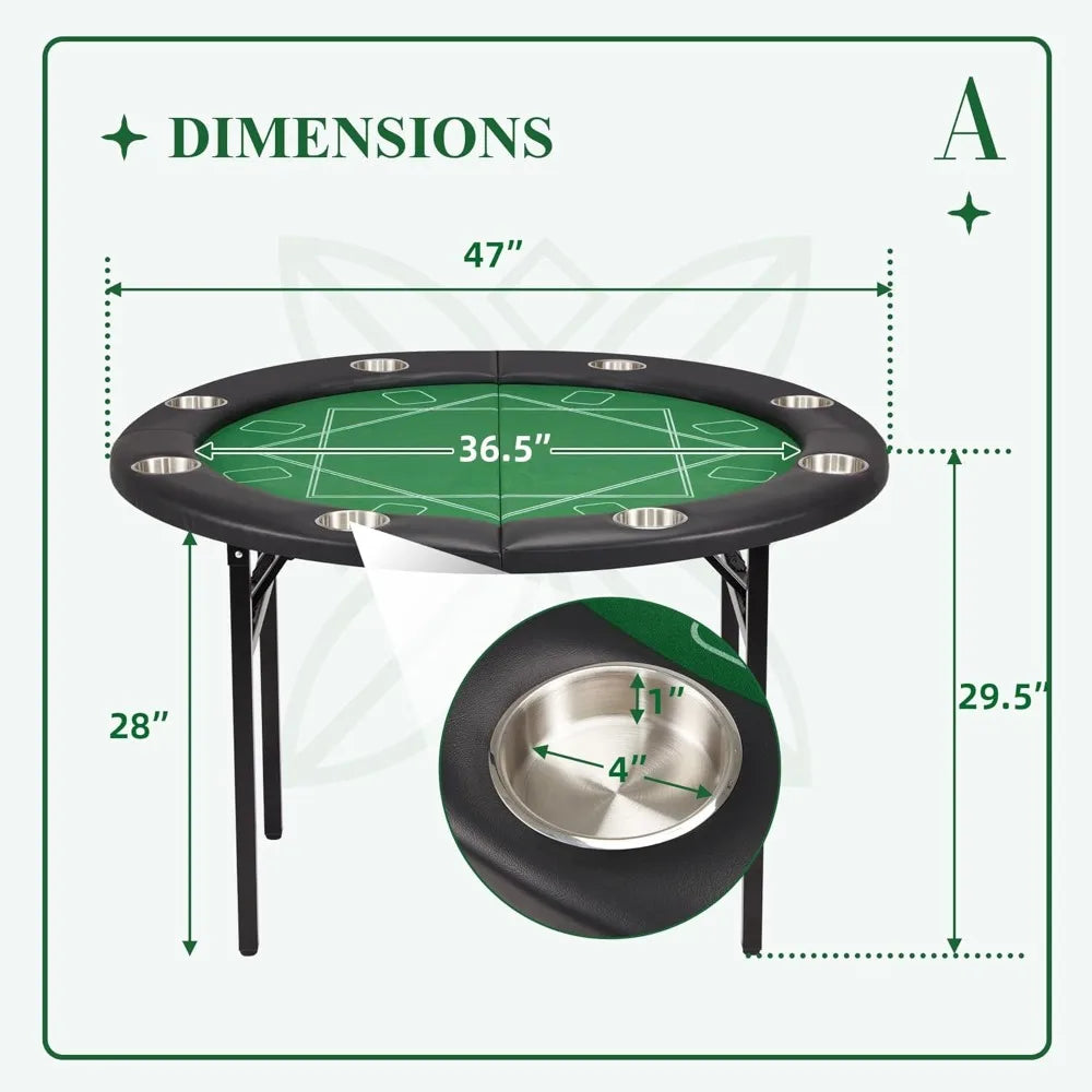 8 Players Poker Table Foldable, Round Casino Texas Holdem Table with Stainless Steel Cup Holders & Faux Leather Padded