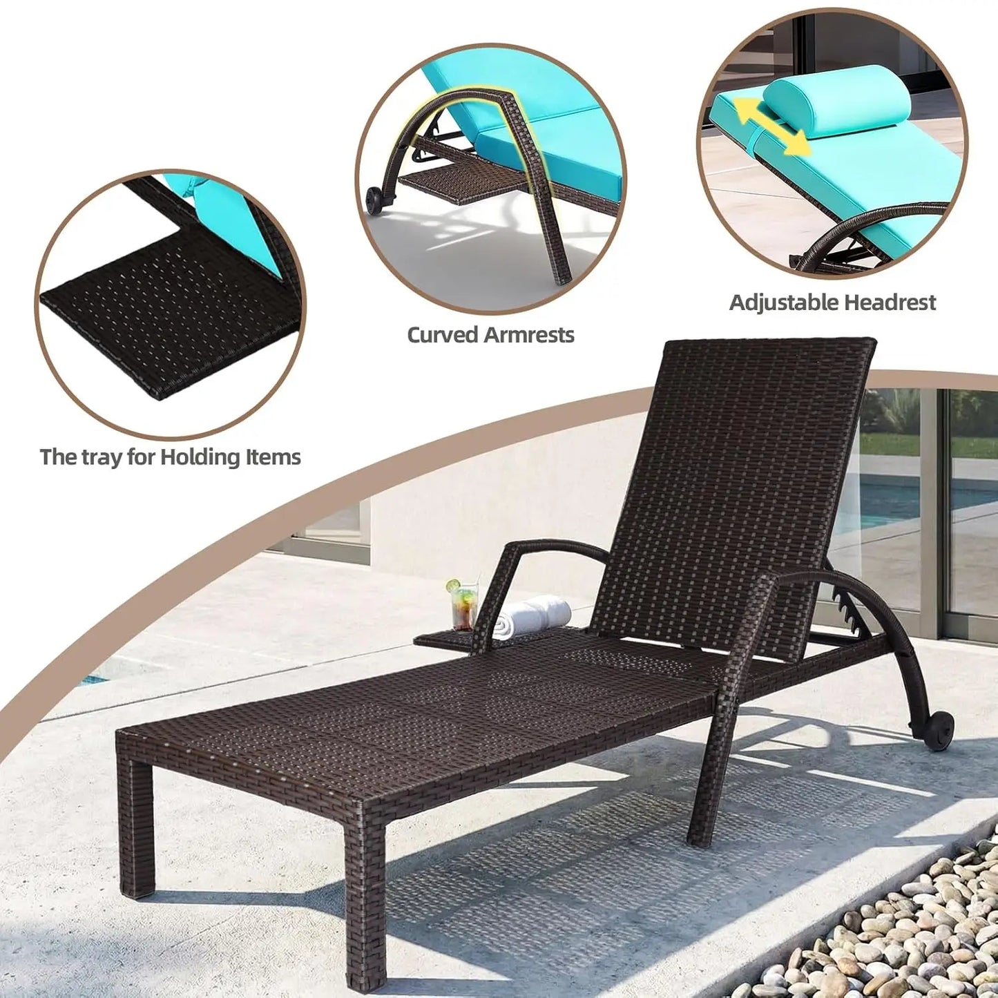 Patio Chaise Lounge Chairs Set of 2 Wicker Pool Lounge Chairs Outdoor with 5 Adjustable Back & Removable Cushion &, Customized