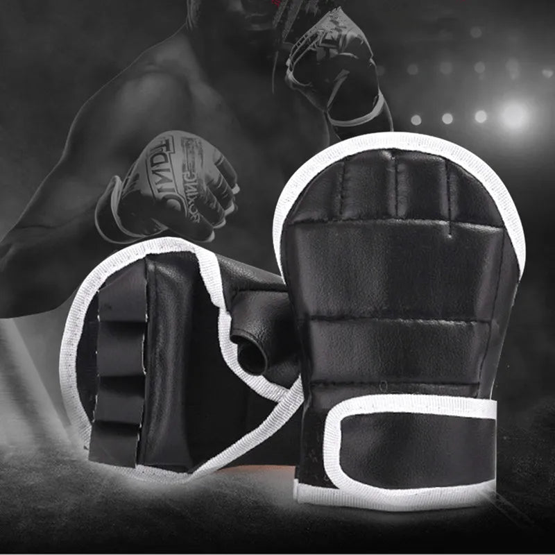 1Pair Black Half Finger Boxing Gloves PU Leather Fighting Kick Boxing Gloves Karate Muay Thai Training Workout Gloves Kids 2042