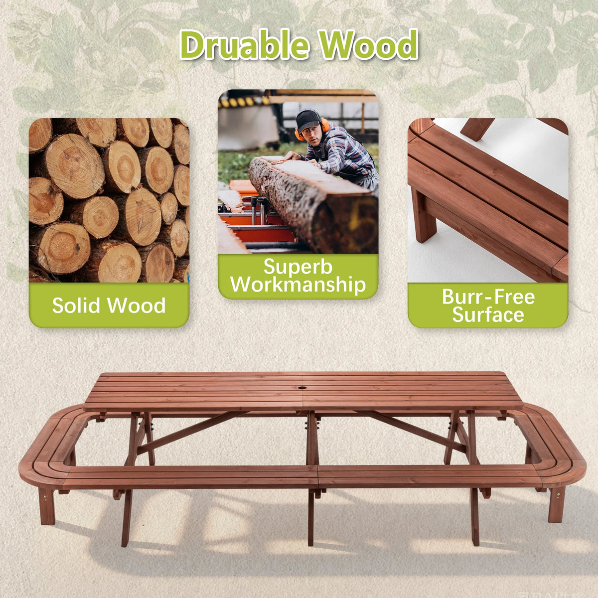 8 FT Wooden Picnic Table with Benches 14-16 Person Outdoor Patio Dining Set Large Rectangular Garden Table with Umbrella Hole Brown
