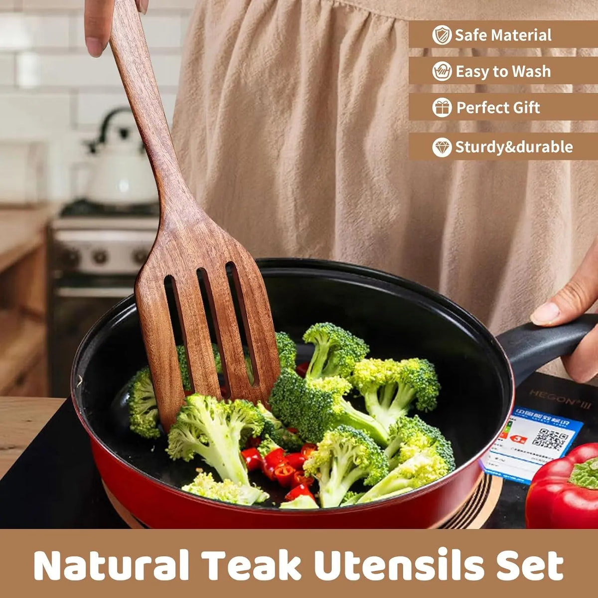 Natural Teak 5-Piece Wooden Utensil Set, Up to 13.4 Inch, Heat & Scratch Resistant, for Non-Stick Pans, Home & Restaurant