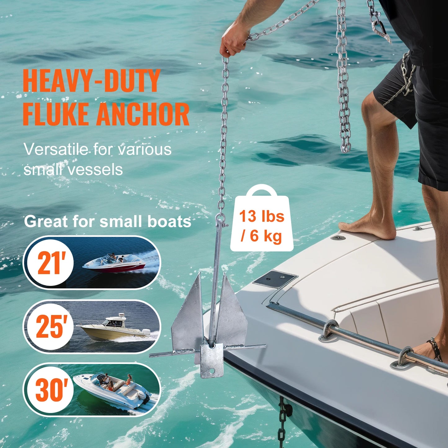 SucceBuy Fluke Style Anchor Kit 13 LBS Hot-Dipped Galvanized Steel Fluke Anchor with 7.9' Chain 101' Rope and Two 0.4" Shackle