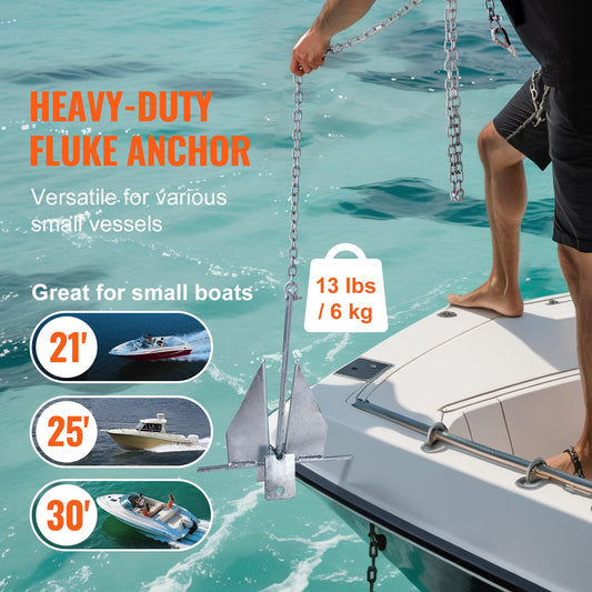 SucceBuy Fluke Style Anchor Kit 13 LBS Hot-Dipped Galvanized Steel Fluke Anchor with 7.9' Chain 101' Rope and Two 0.4" Shackle