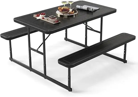 Picnic Table Bench Set for 4 People, 4.5FT Outdoor Rectangular Dining Table & 2 Benches w/Umbrella Hole, HDPE Tabletop