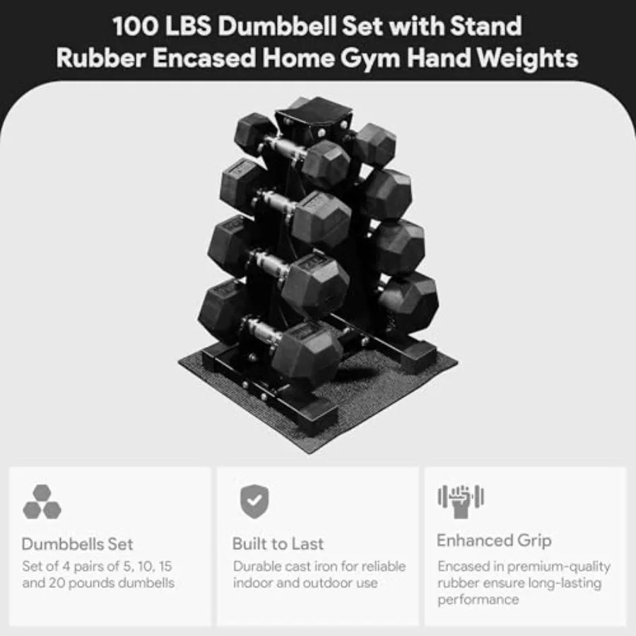 Gym rubber-coated hex dumbbell set with steel rack: 100LB/150LB or 5-20/5-25/10-30 lbs pairs, black finish, non-slip grip, spac