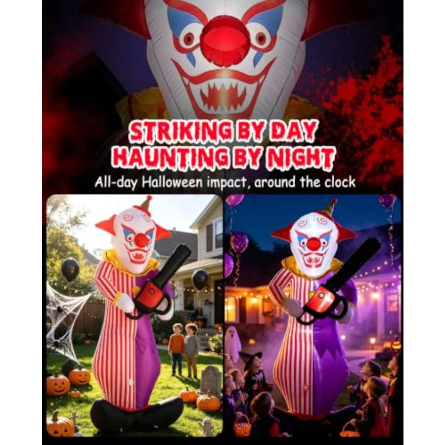 Outdoor Halloween inflatable decoration: PVC, white and red, motion-activated screaming clown with LED lights, 12FT tall for ya