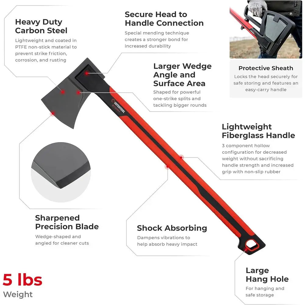28 Heavy-Duty Wood Splitting Axe for Medium to Large Logs - Non-Slip Composite Handle with Carry Sheath
