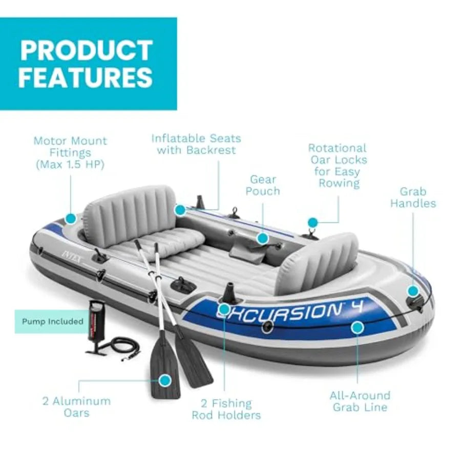 68324EP Excursion 4 Inflatable Boat Set: 54in Deluxe Boat Oars and High-Output Pump Adjustable Seats with Backrest Fishing Rod