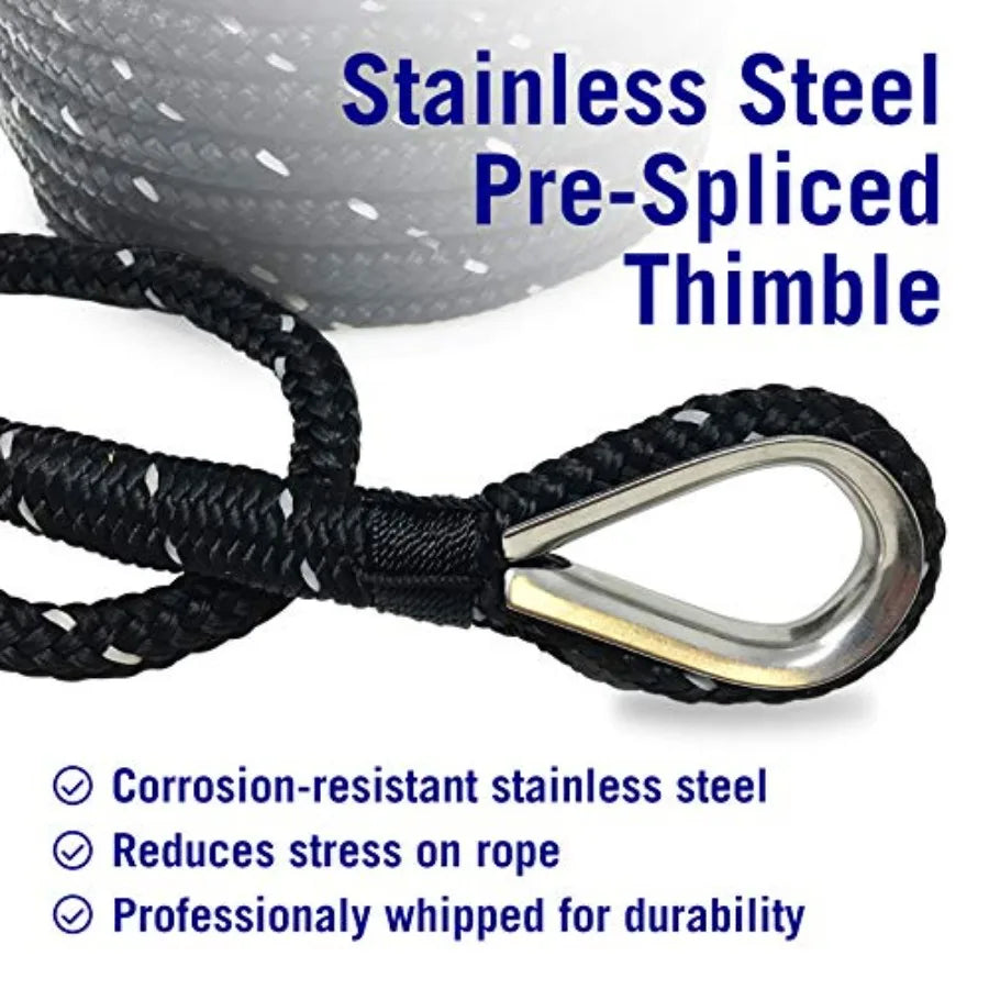 Premium Anchor Rope 100 Feet Double Braided Nylon Marine Line Reflective 3/8 Inch Reel for Anchors and Boats