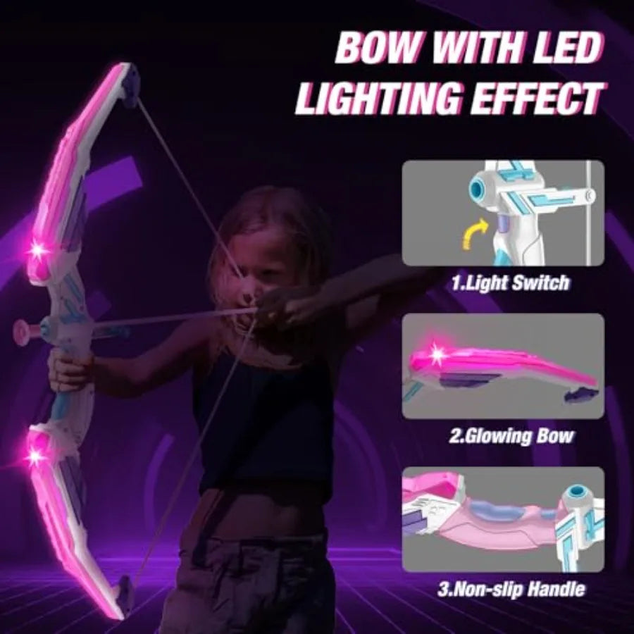 Indoor outdoor kids' archery set: LED unicorn bow and arrow, plastic, rainbow, glow-in-the-dark target with suction cup arrows,