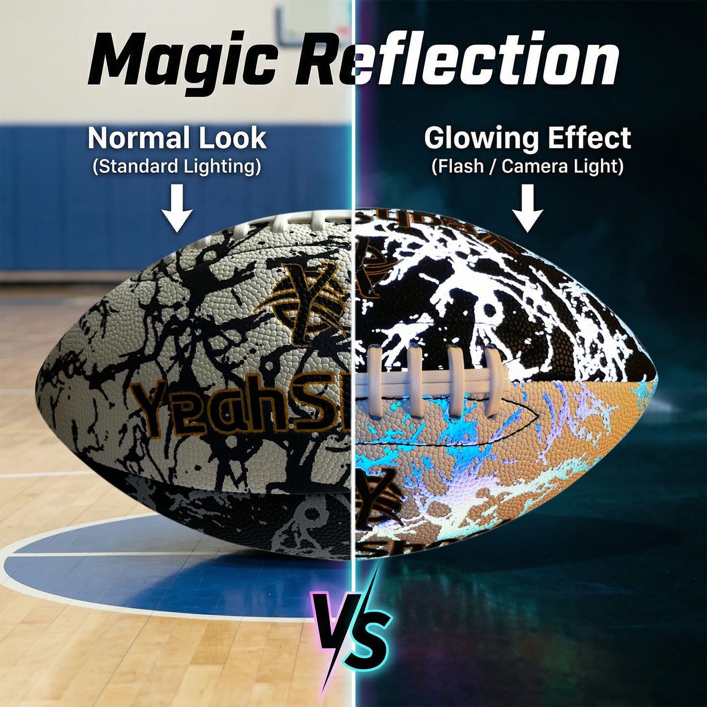 New Holographic Reflective Football Size 9-Glow in The Dark Premium American Football with Stunning Luminous Rugby Durable Grip
