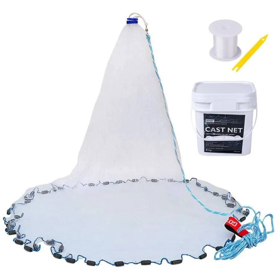 American Fishing Cast Net for Freshwater Saltwater Bait Fish Shrimp Trap 3ft-12ft Radius 1/4-3/8inch Mesh Size Blue Castnet wit