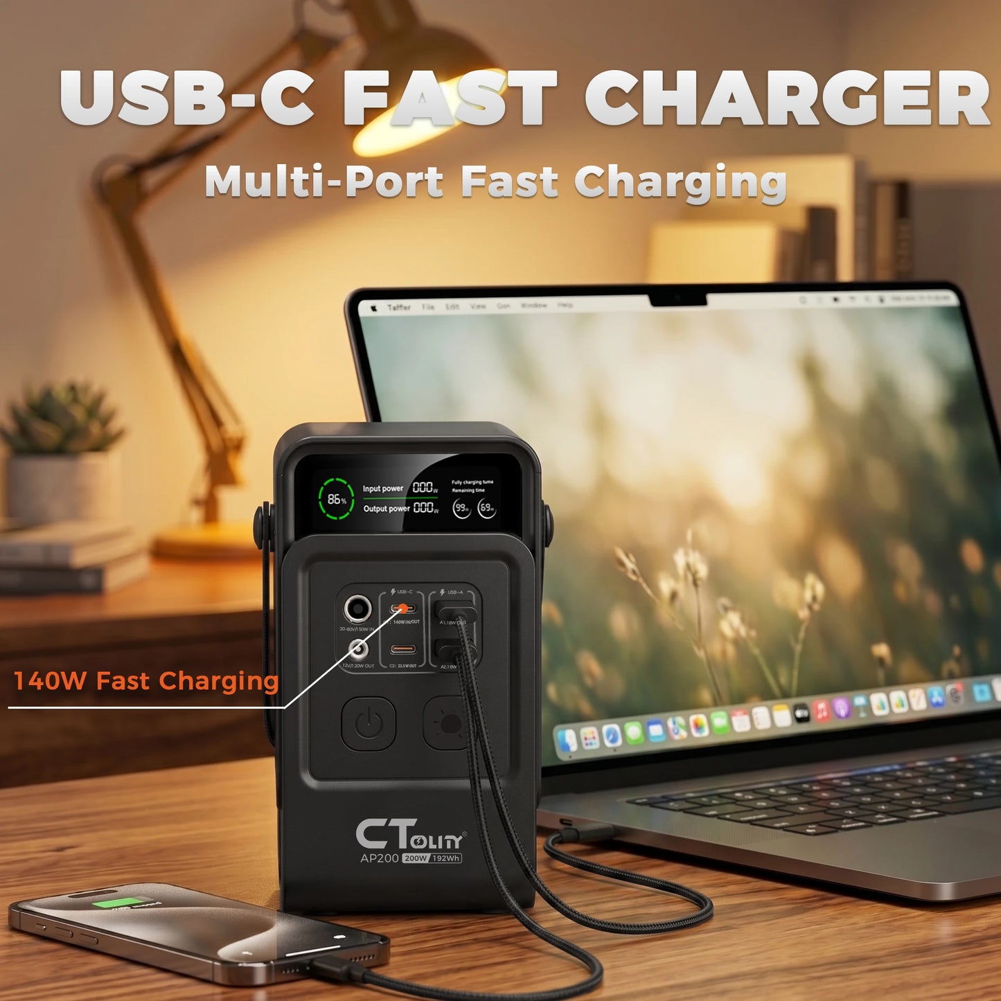 CTOLITY 200W Power Station Camping 192Wh Lifepo4 Power Bank 60000mAh Portable Charger Battery Emergency Power USB TYPE-C Port