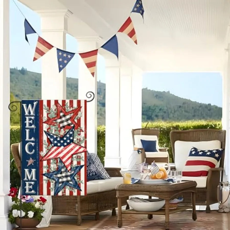 Welcome 4th of July Garden Flags Double Sided, Patriotic American Stars and Stripes Small Summer Decoration for Holiday Yard Me
