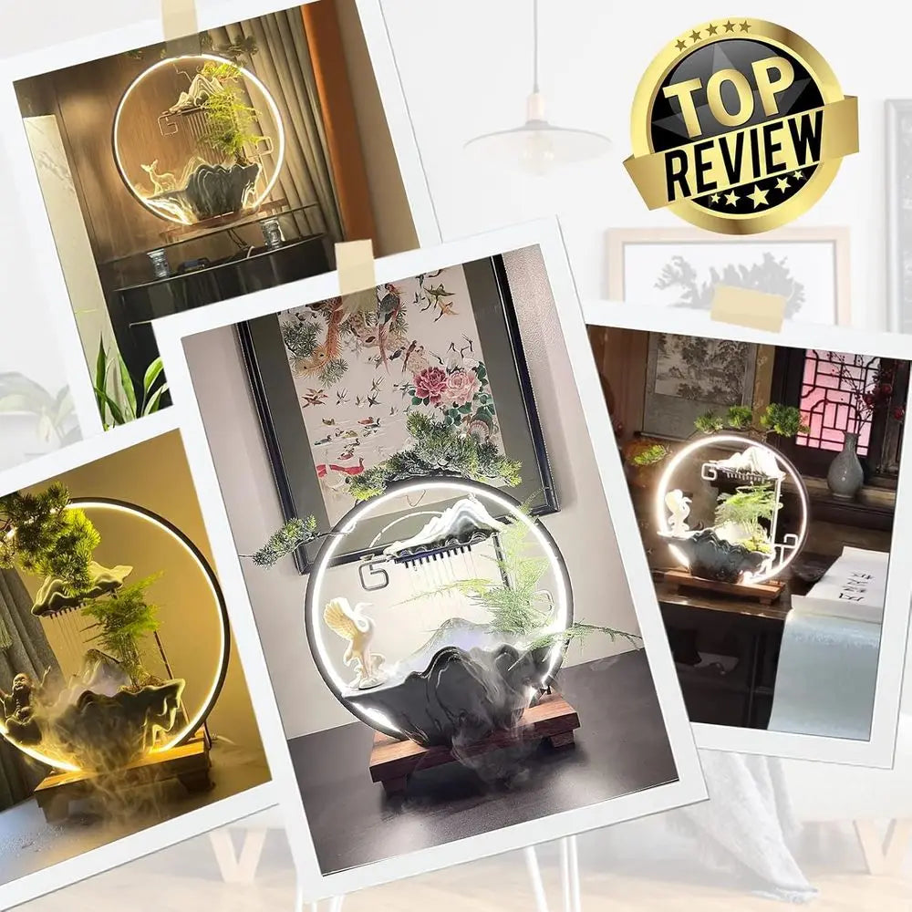 Buddha Water Fountain Indoor Waterfall with LED Light Zen Decor for Meditation, Mist, Japanese Style with Fake Plants, Feng Shui