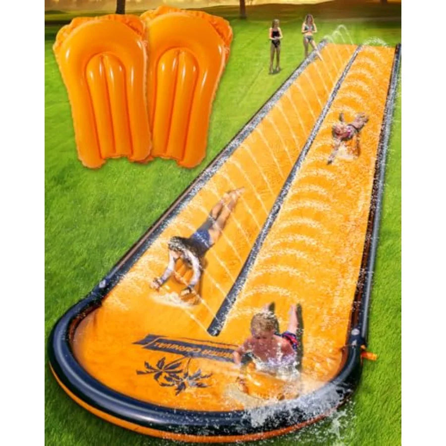 Backyard water slide for kids and adults, PVC material, blue and yellow, extra-long 22ft slip-and-slide with pool and 2 inflata