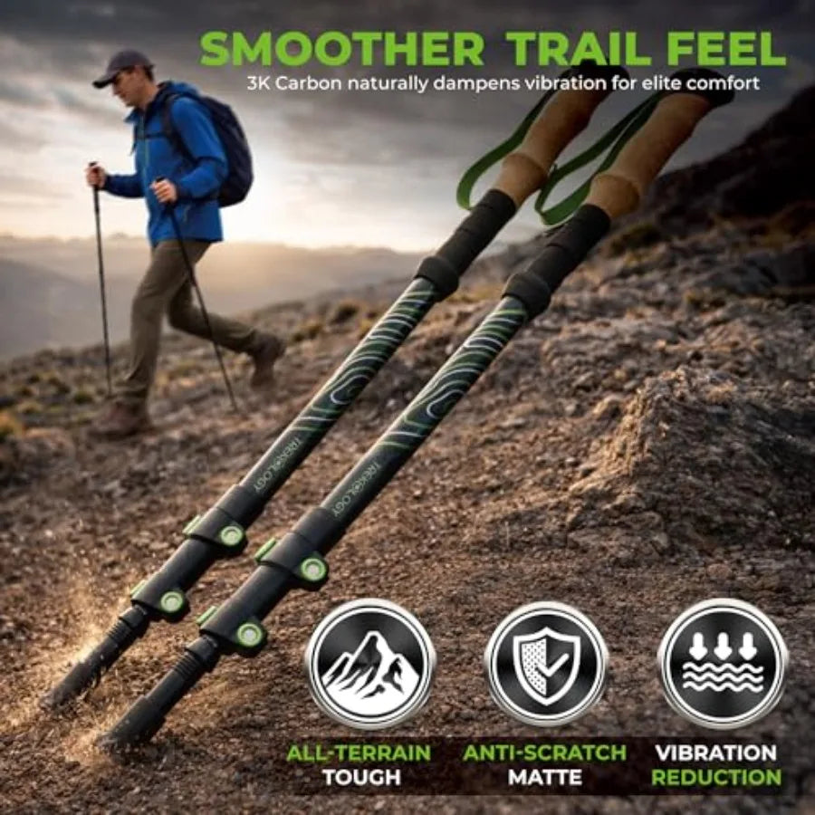 3K Carbon Fiber Trekking Poles 210g - Pair of Ultralight Hiking Poles with Cork Grips, Collapsible Telescopic Walking Sticks, M