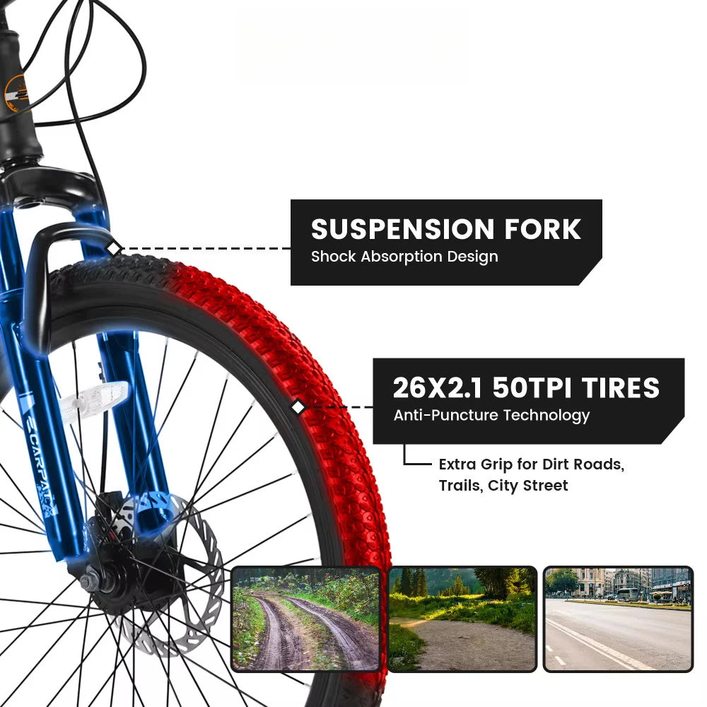 26 Inch Mountain Bike for Adults & Teenagers, 21 Speed Smooth Shifting System, High-Carbon Steel Frame, Front & Rear Mechanical Dual Disc Brakes, Front Suspension All Terrain MTB Bicycle