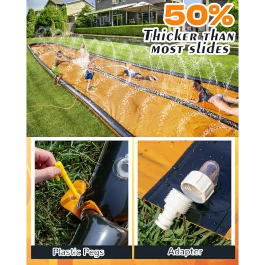 Backyard water slide for kids and adults, PVC material, blue and yellow, extra-long 22ft slip-and-slide with pool and 2 inflata