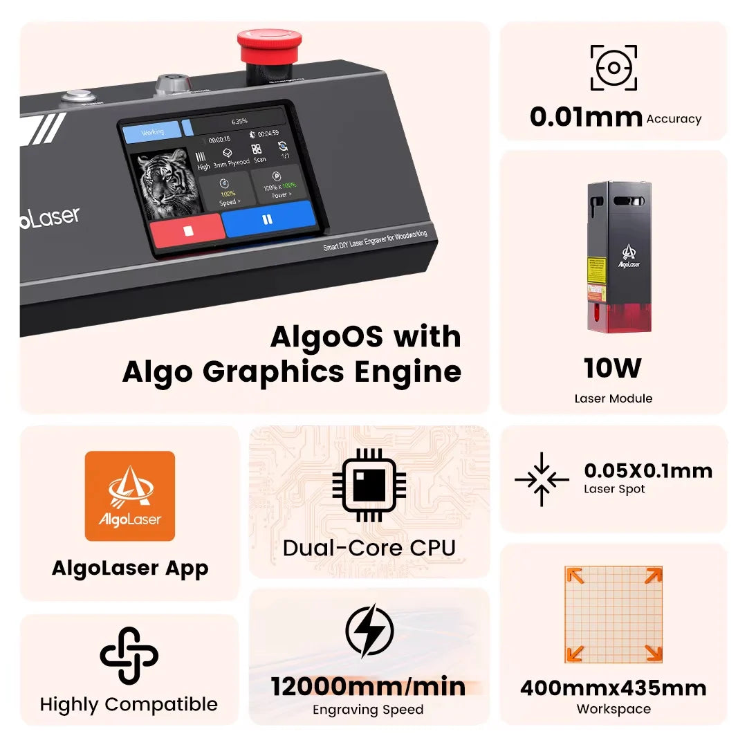Algolaser DIY Table 40*43cm CNC Laser Cutter Engraver 3.5” Touch Scree Phone&WiF Metal Wood CNC Lase Cutting Engraving Machine