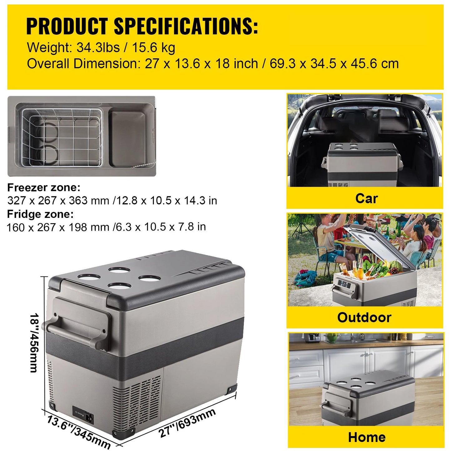 VEVOR 15-55L Car Refrigerator, 12V Car Fridge, -4℉-50℉ Adjustable Range,12/24V DC and 100-240V AC Compressor Cooler for Outdoor